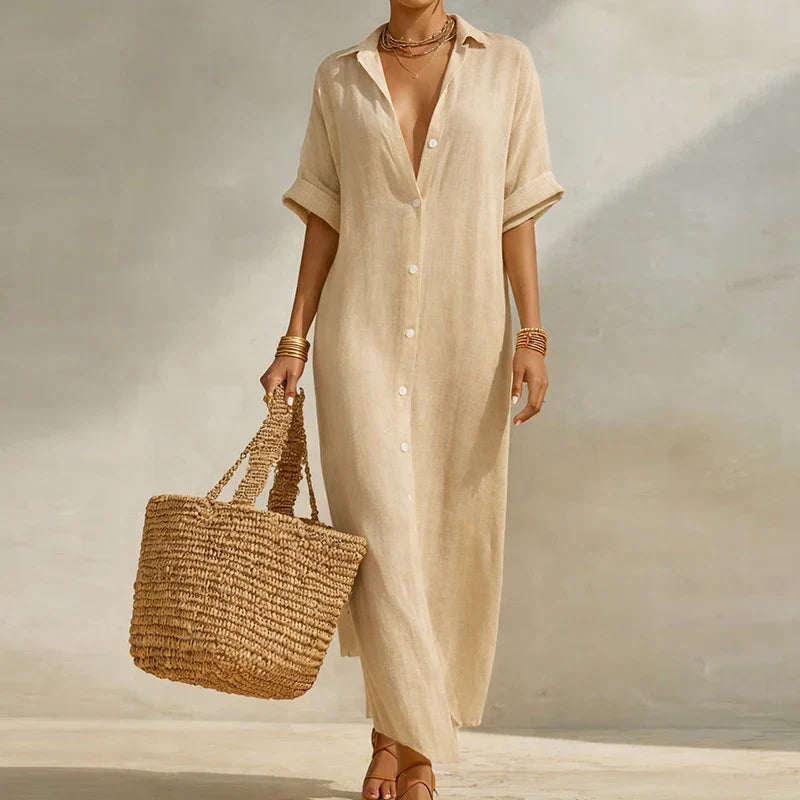 Olivia | Long Button Linen Shirt Dress for Summer Time