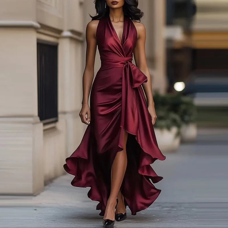 Keltie | Sexy and Comfy Halter Satin Pleated Maxi Dress for Parties