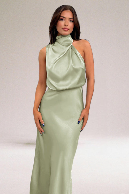 Giselle | Elegant Sleeveless Halter Wedding Guest Dress with Luminous Shine