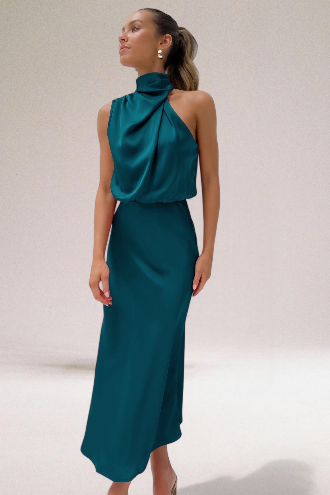 Giselle | Elegant Sleeveless Halter Wedding Guest Dress with Luminous Shine