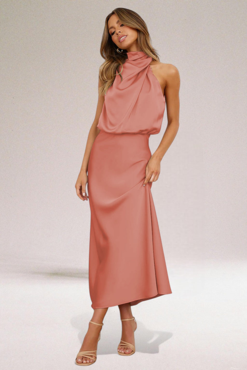 Giselle | Elegant Sleeveless Halter Wedding Guest Dress with Luminous Shine