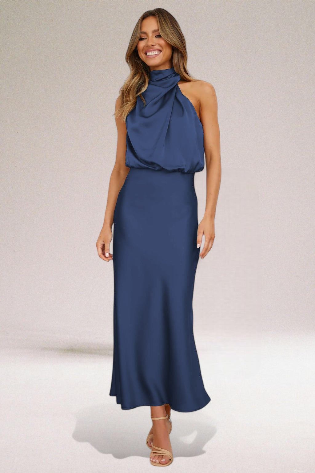 Giselle | Elegant Sleeveless Halter Wedding Guest Dress with Luminous Shine