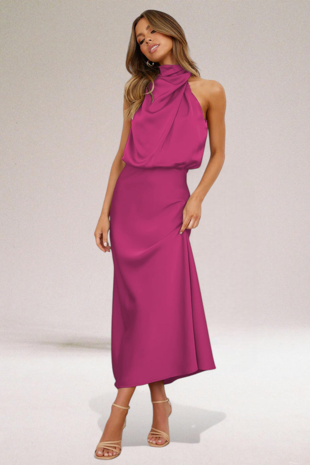 Giselle | Elegant Sleeveless Halter Wedding Guest Dress with Luminous Shine