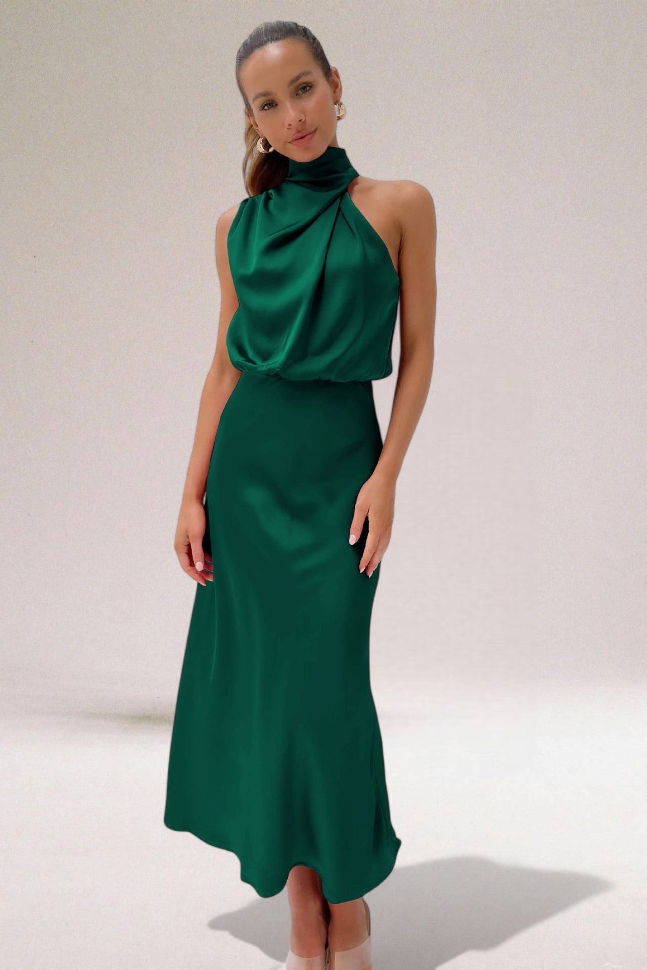 Giselle | Elegant Sleeveless Halter Wedding Guest Dress with Luminous Shine