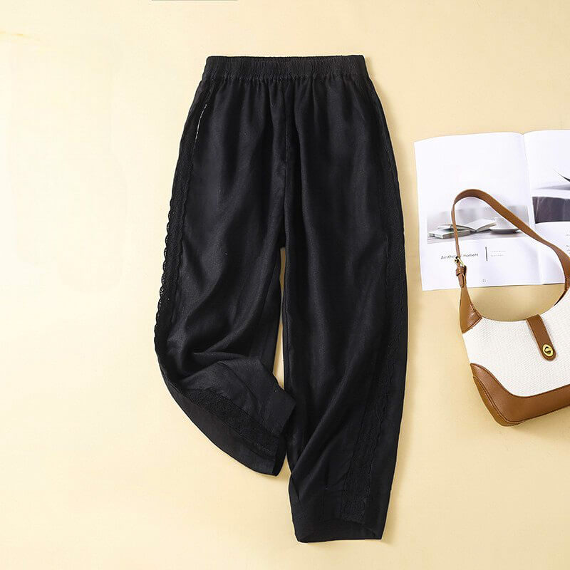 Elise | Airy Tapered Cotton-Linen Pants with Retro Embroidery