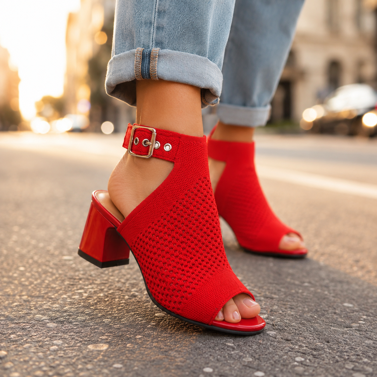 Cristine | Elegant Knitted Peep Toe Block Heel Sandals with Ankle Strap and Buckle