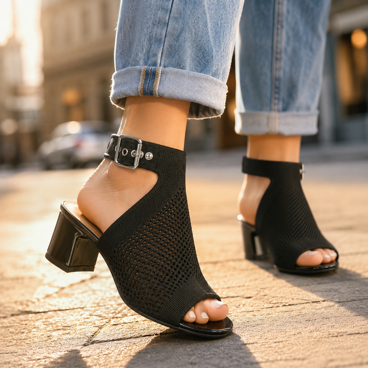 Cristine | Elegant Knitted Peep Toe Block Heel Sandals with Ankle Strap and Buckle