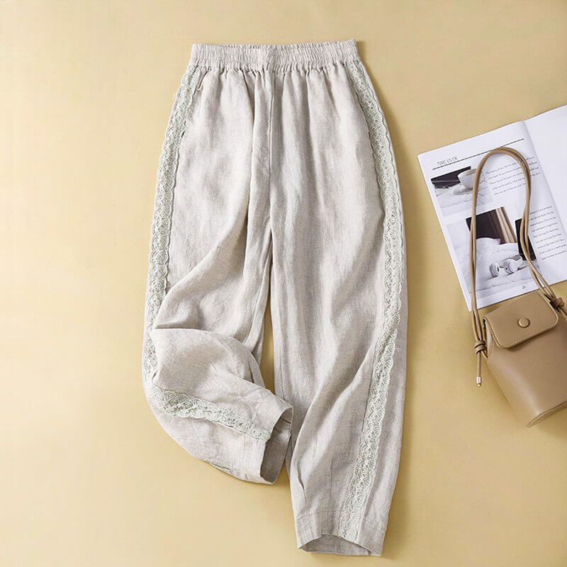 Elise | Airy Tapered Cotton-Linen Pants with Retro Embroidery