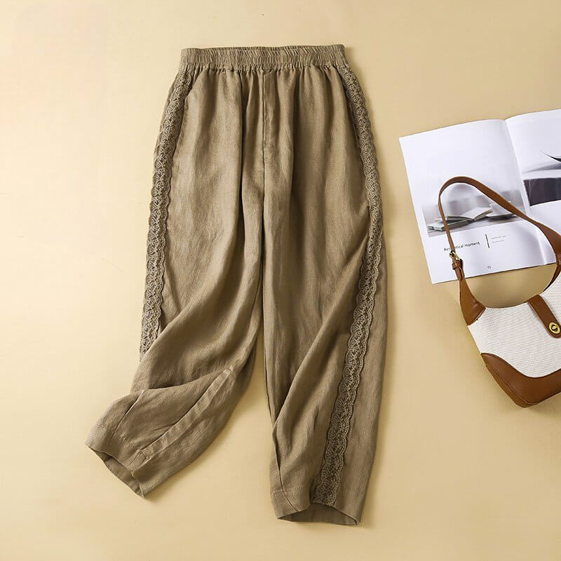 Elise | Airy Tapered Cotton-Linen Pants with Retro Embroidery