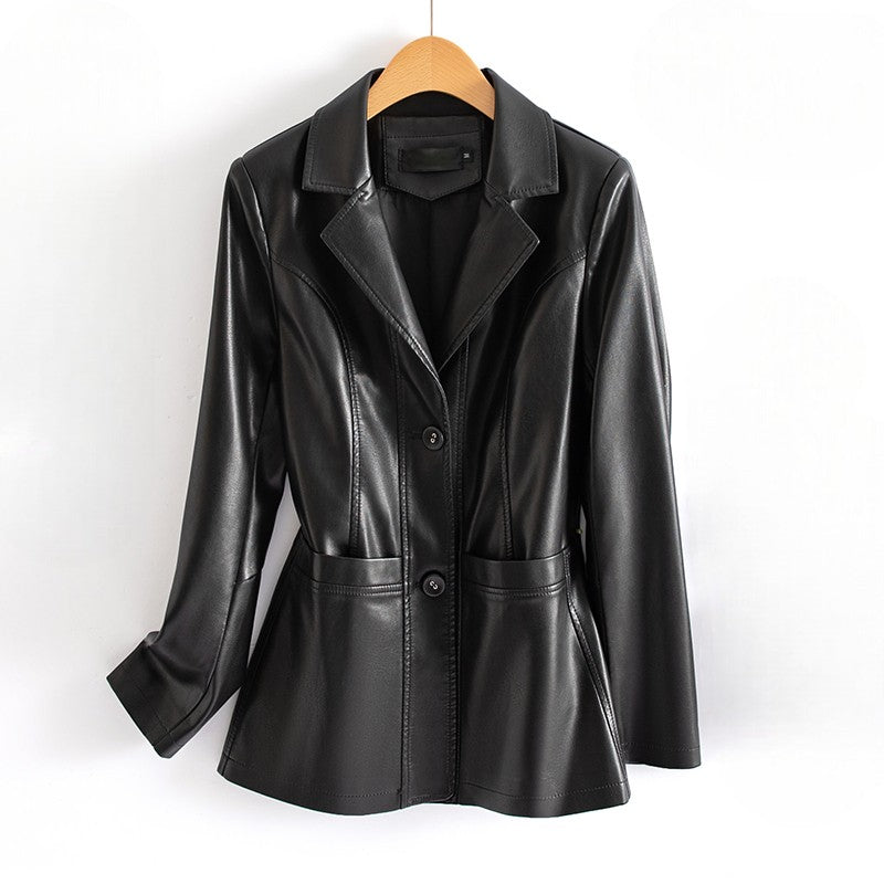 Bellatrix | Tailored Faux Leather Jacket with Two-Button Front