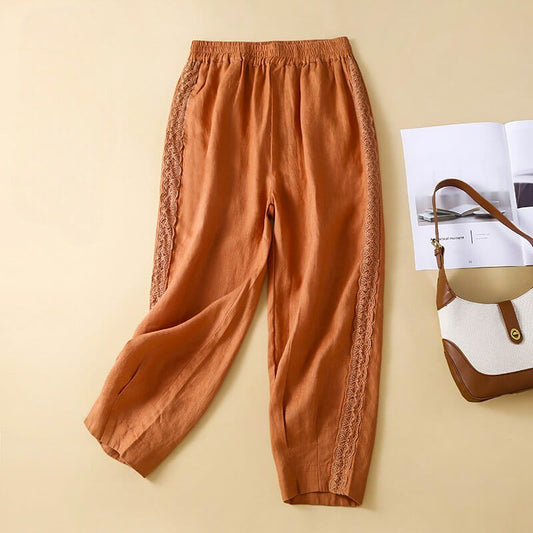 Elise | Airy Tapered Cotton-Linen Pants with Retro Embroidery