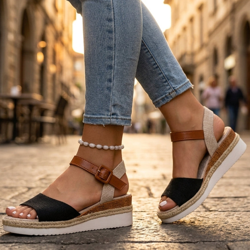 Lena | Elegant Platform Wedge Sandals with Adjustable Ankle Strap and Buckle