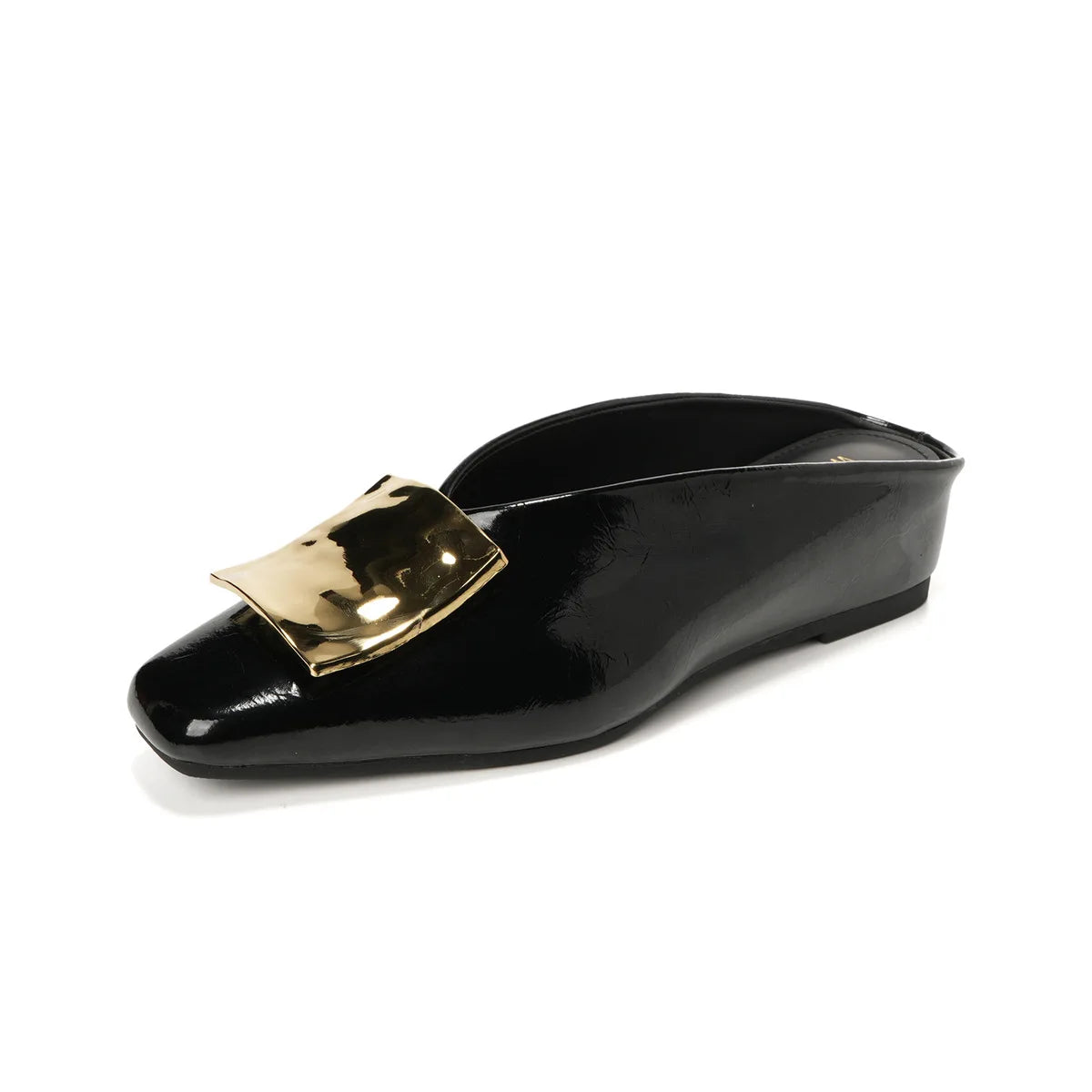 Cornelia | Polished Square Toe Leather Flat Mules with Metal Buckles