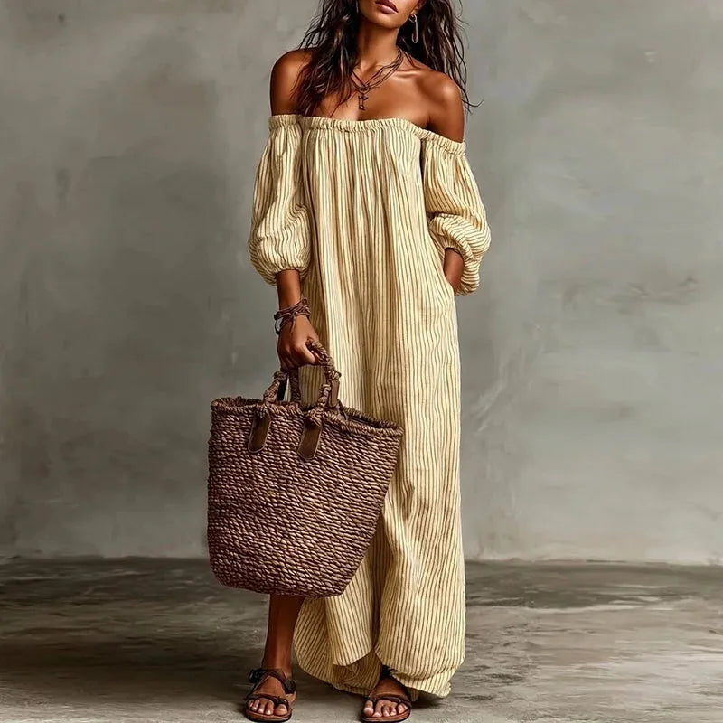 Maddi | Breathable Elegant Off Shoulder Half Puff Sleeved Maxi Dress