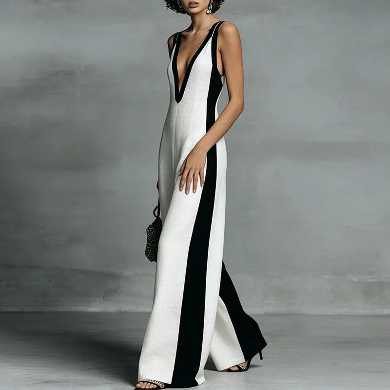 Camella | Lightweight Elegant Wide Leg V Neck Formal Jumpsuit with Zipper