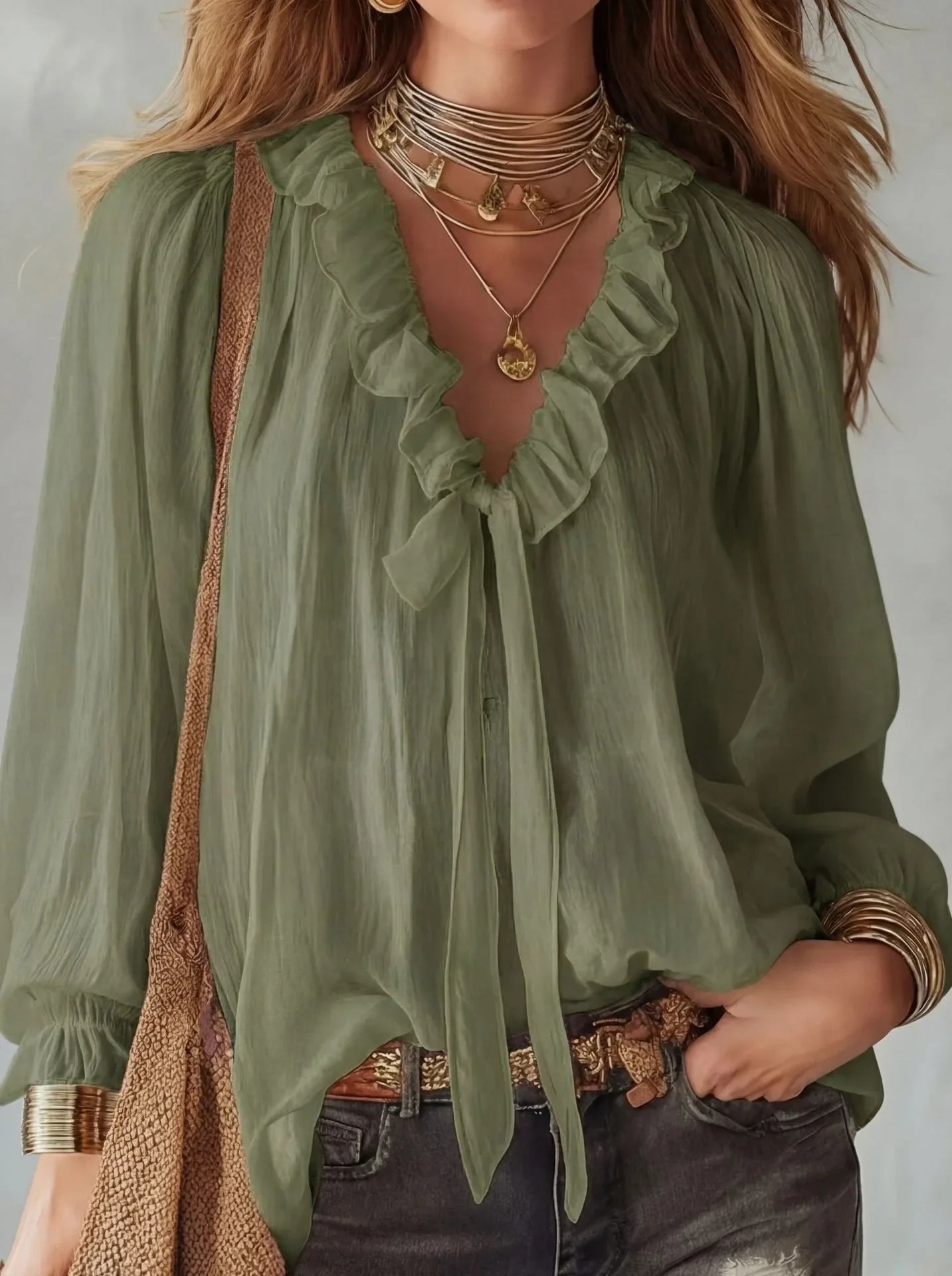 Maribel | Relaxed Lace-Up V Neck Top with Ruffle Trim and Sleeves