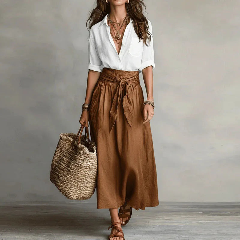 Jeanelle | Elegant Linen Two Piece Set with Button-Down Top and Midi Skirt