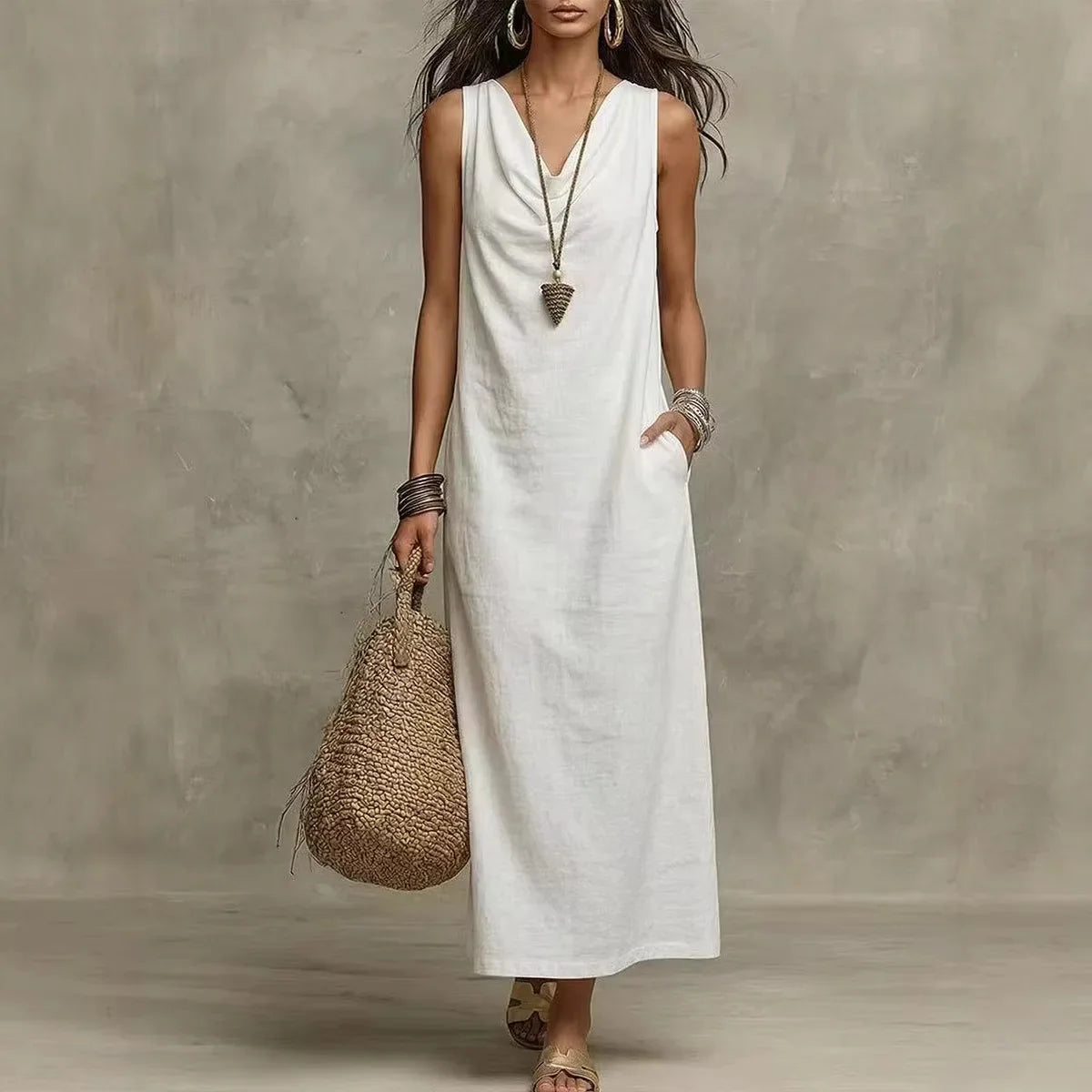 Dawson | Elegant Airy Linen V Neck Sleeveless Maxi Dress for Summer Time