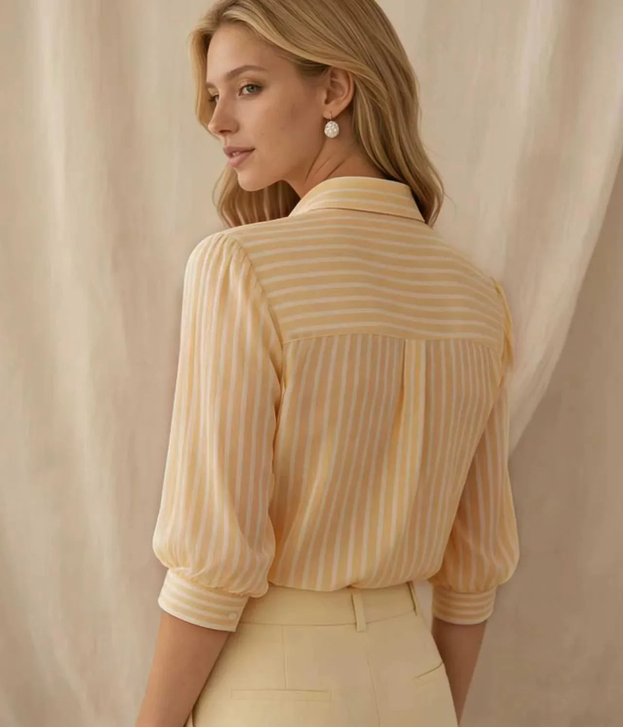 Rosalinda | Classy Striped Puff Sleeved Button Down Shirt for Everyday