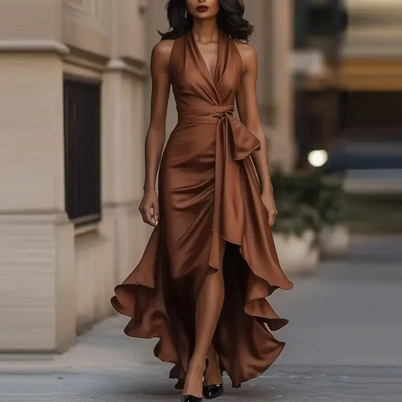 Keltie | Sexy and Comfy Halter Satin Pleated Maxi Dress for Parties