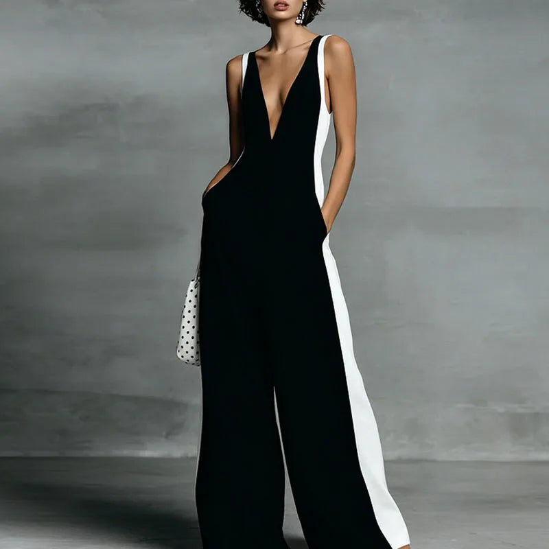 Camella | Lightweight Elegant Wide Leg V Neck Formal Jumpsuit with Zipper