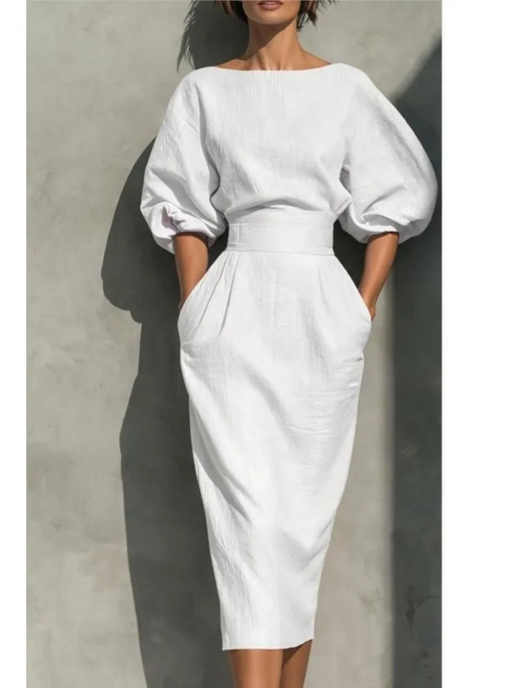 Bailey | Women's Elegant Half Sleeve Linen Pleated Midi Dress