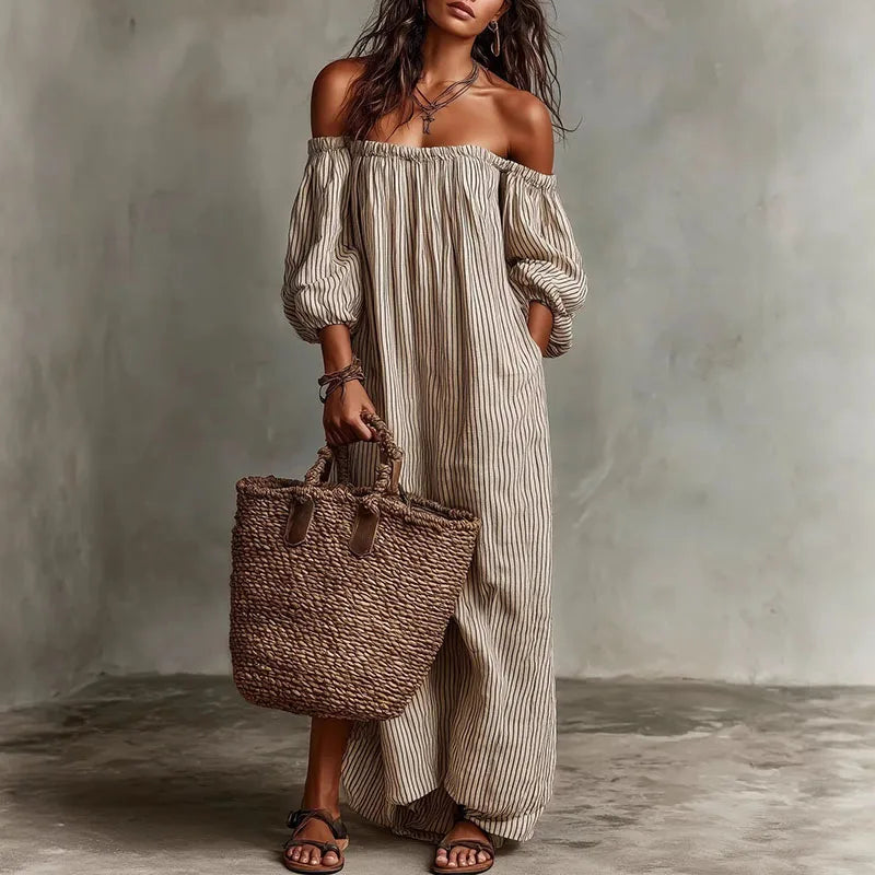 Maddi | Breathable Elegant Off Shoulder Half Puff Sleeved Maxi Dress