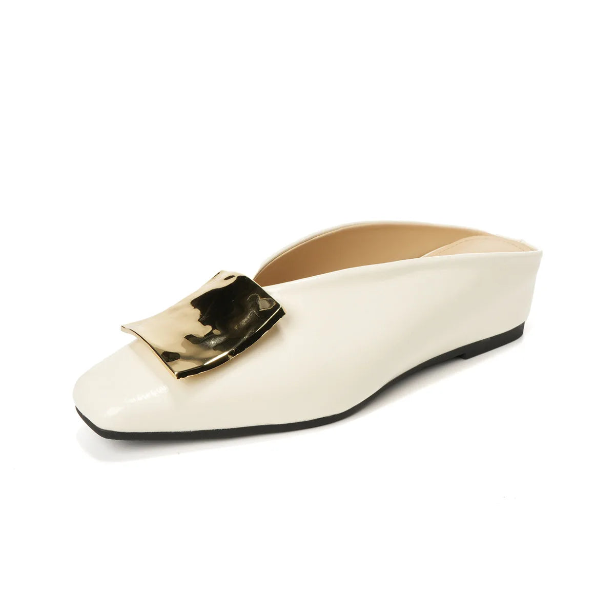 Cornelia | Polished Square Toe Leather Flat Mules with Metal Buckles