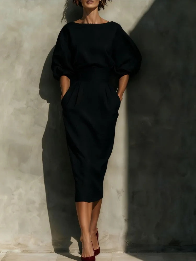 Bailey | Women's Elegant Half Sleeve Linen Pleated Midi Dress