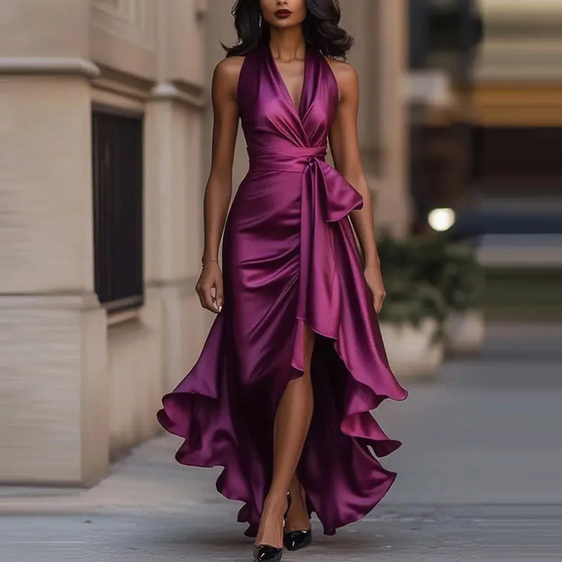 Keltie | Sexy and Comfy Halter Satin Pleated Maxi Dress for Parties