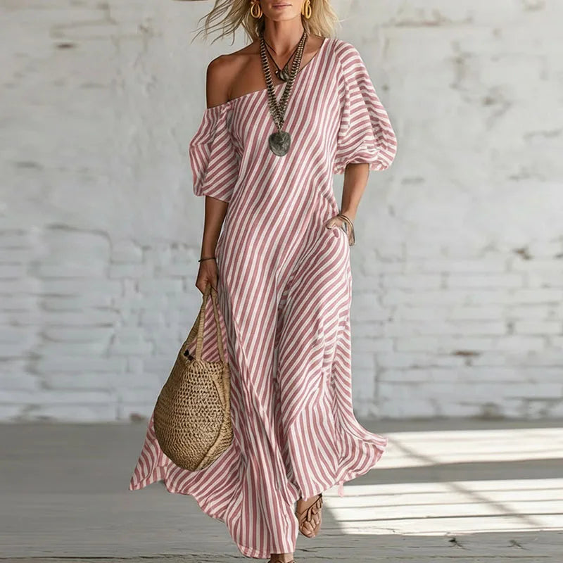 Sian | Breathable One Shoulder Puff Half Sleeve Boho Dress
