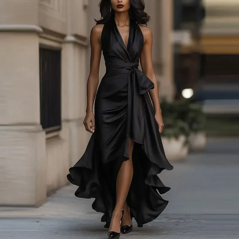 Keltie | Sexy and Comfy Halter Satin Pleated Maxi Dress for Parties