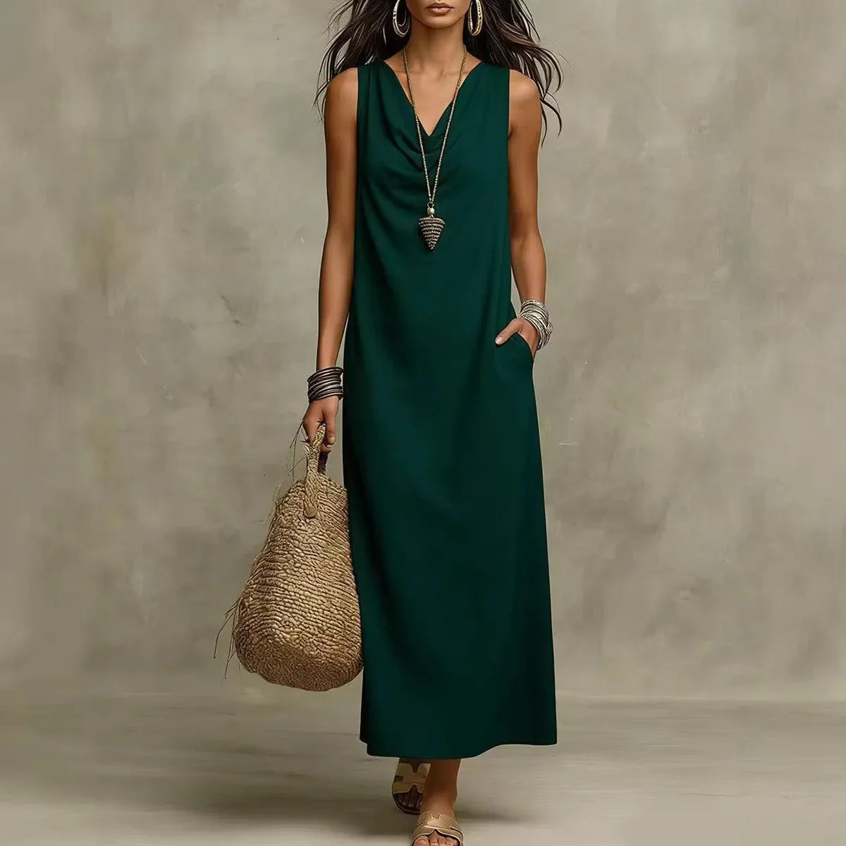 Dawson | Elegant Airy Linen V Neck Sleeveless Maxi Dress for Summer Time