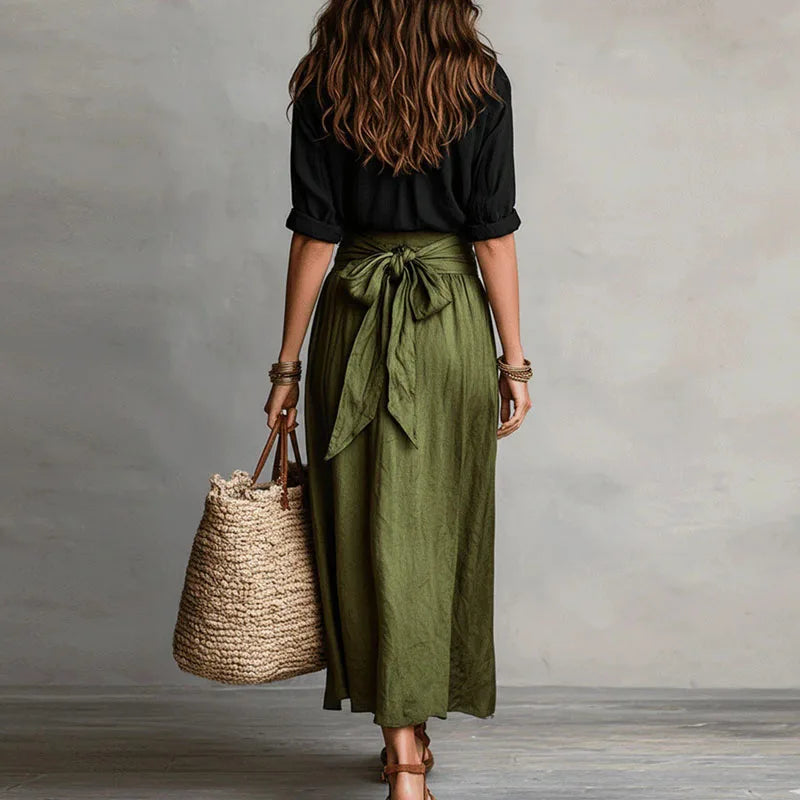 Jeanelle | Elegant Linen Two Piece Set with Button-Down Top and Midi Skirt