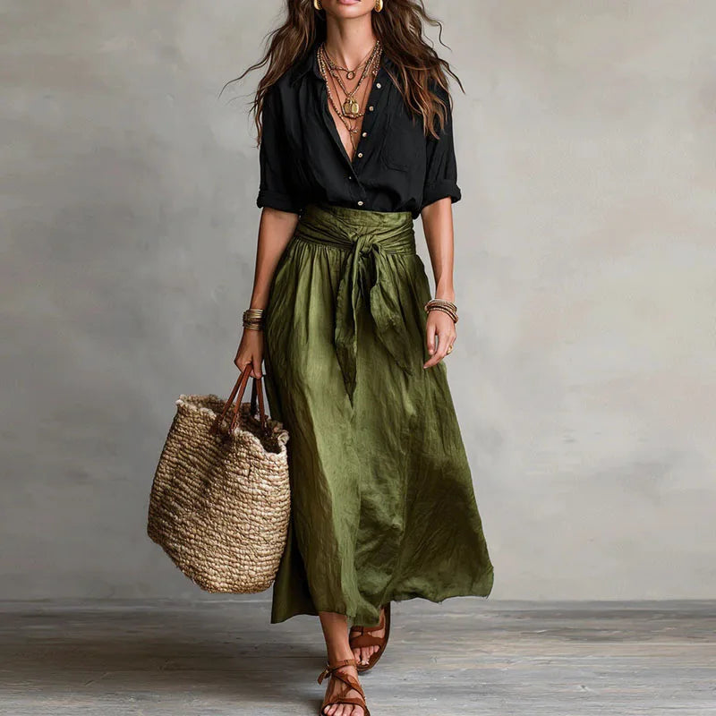 Jeanelle | Elegant Linen Two Piece Set with Button-Down Top and Midi Skirt