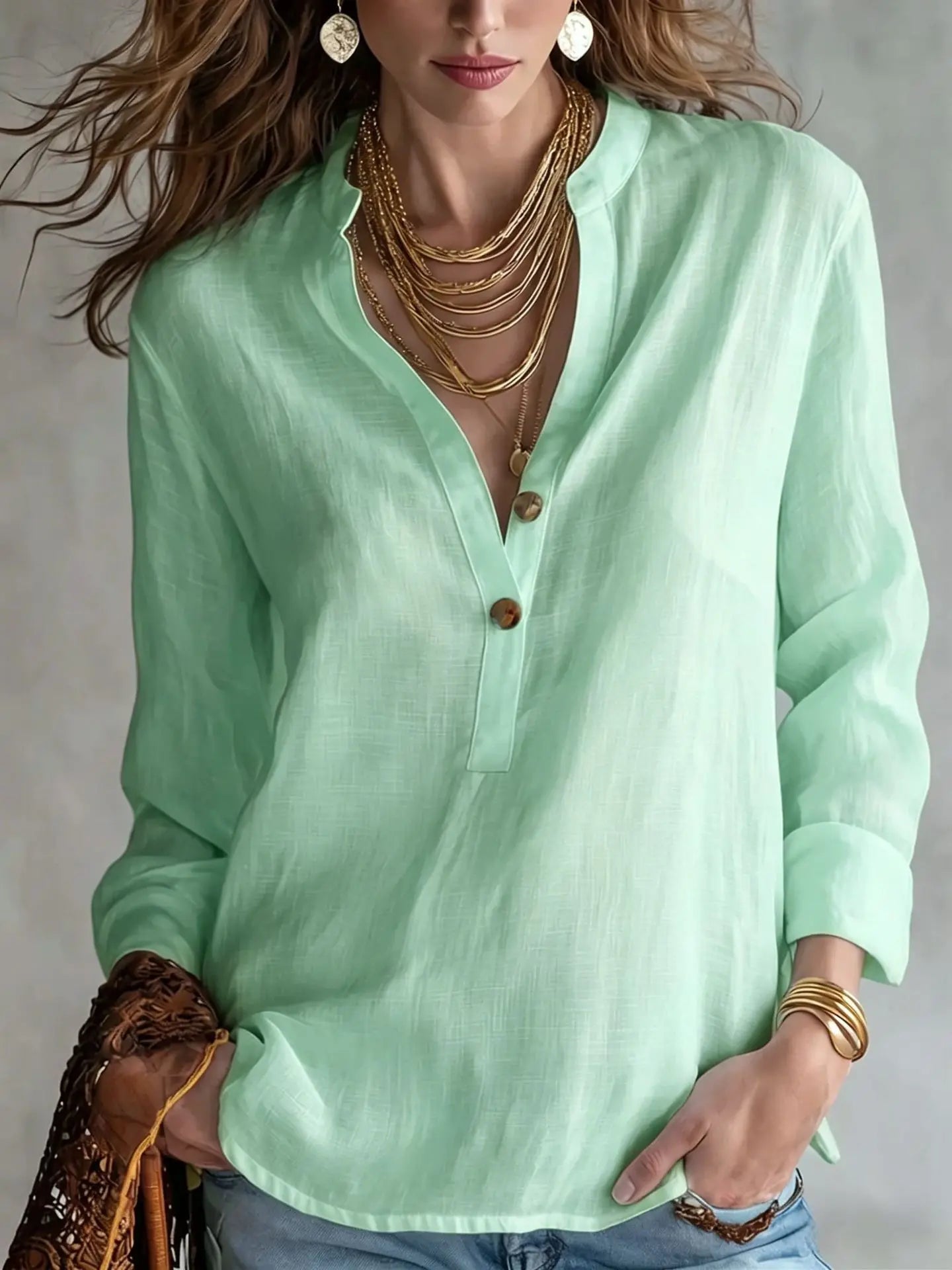 Aubrey | Classy Breathable Linen Blend Blouse with Buttons and Sleeves
