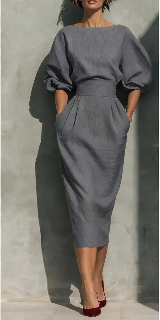Bailey | Women's Elegant Half Sleeve Linen Pleated Midi Dress