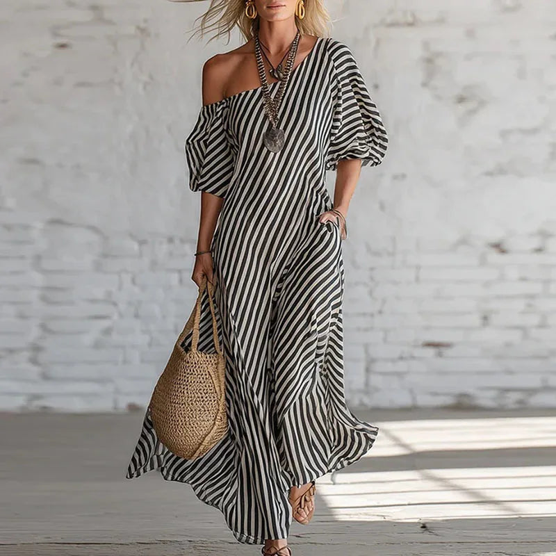 Sian | Breathable One Shoulder Puff Half Sleeve Boho Dress