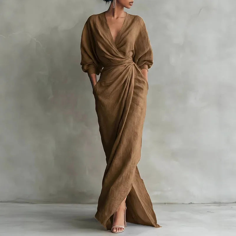 Elowen | V Neck Wrap Waist Long Sleeve Dress for Summer Time