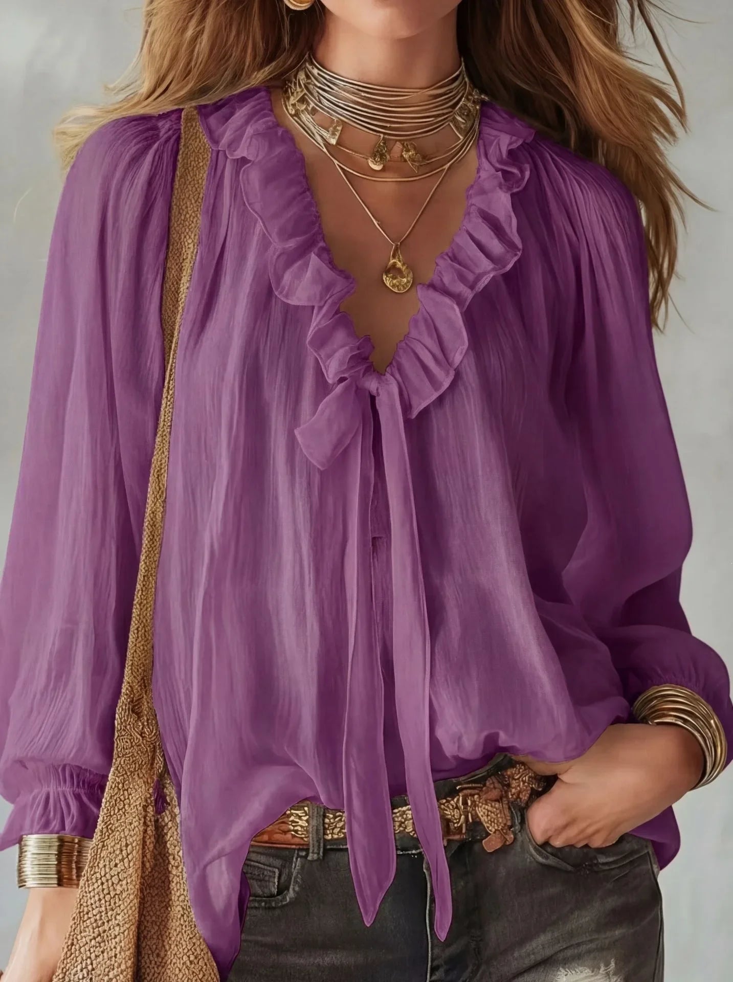 Maribel | Relaxed Lace-Up V Neck Top with Ruffle Trim and Sleeves