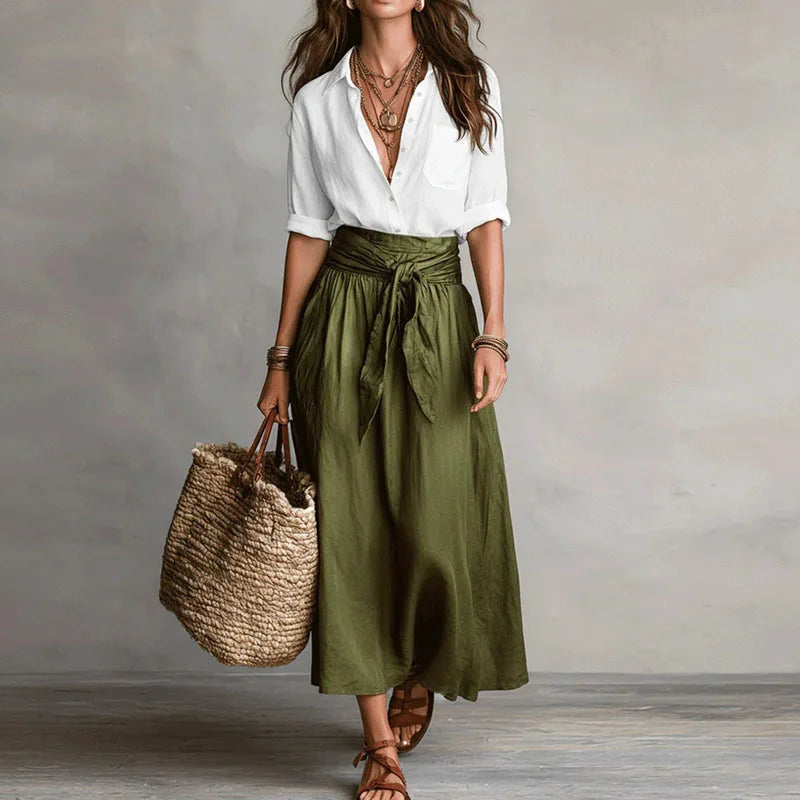 Jeanelle | Elegant Linen Two Piece Set with Button-Down Top and Midi Skirt