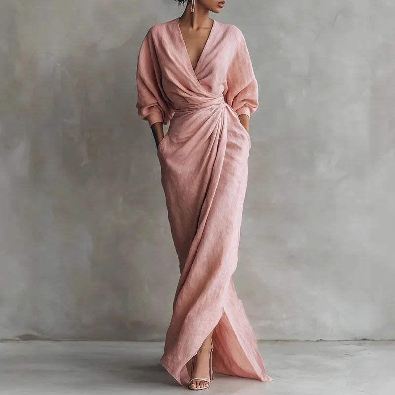Elowen | V Neck Wrap Waist Long Sleeve Dress for Summer Time