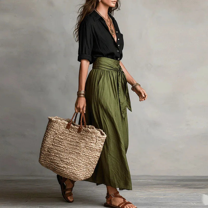 Jeanelle | Elegant Linen Two Piece Set with Button-Down Top and Midi Skirt