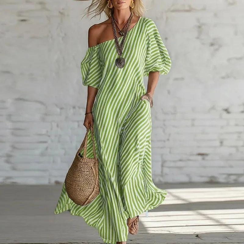 Sian | Breathable One Shoulder Puff Half Sleeve Boho Dress