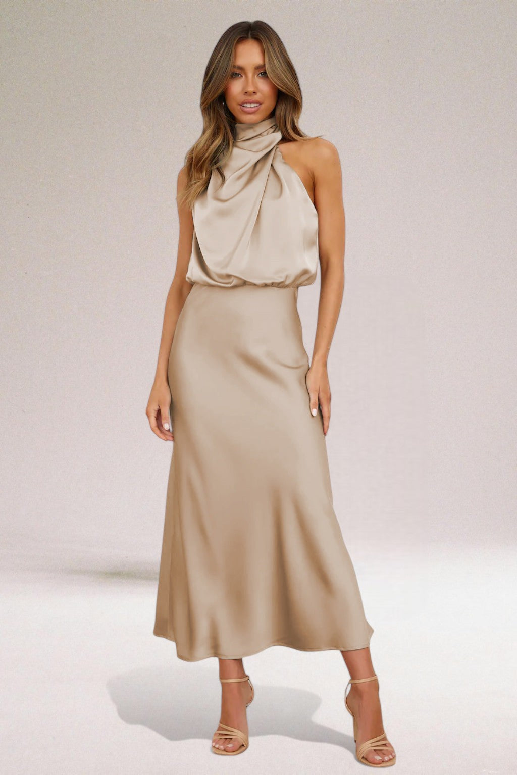 Giselle | Elegant Sleeveless Halter Wedding Guest Dress with Luminous Shine