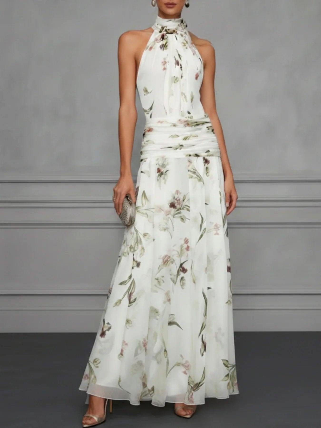 Jazlyn | Floral Halter Sleeveless Maxi Wedding Guest Dress for Specal Occasions