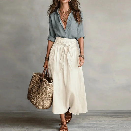 Jeanelle | Elegant Linen Two Piece Set with Button-Down Top and Midi Skirt