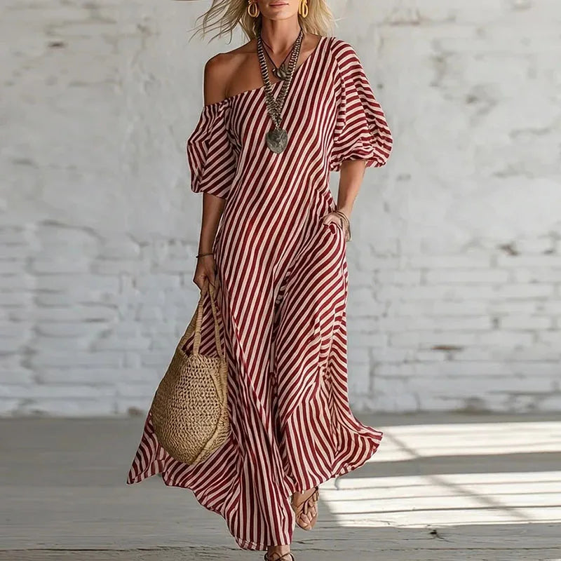 Sian | Breathable One Shoulder Puff Half Sleeve Boho Dress