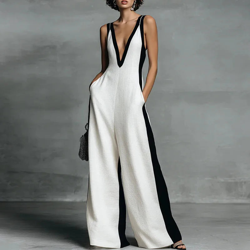 Camella | Lightweight Elegant Wide Leg V Neck Formal Jumpsuit with Zipper
