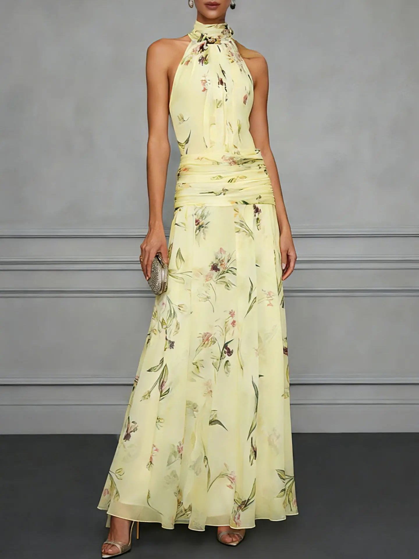Jazlyn | Floral Halter Sleeveless Maxi Wedding Guest Dress for Specal Occasions